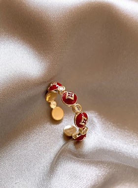 2025新款爆款古法招财铜钱币沙金戒指女轻奢高级U感旺财开口食指