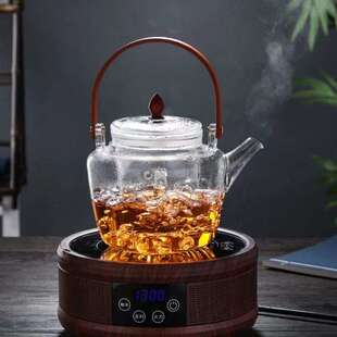现货提梁壶蒸煮双用玻璃茶壶竹木把提梁壶高硼硅玻璃电陶炉煮茶壶