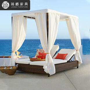 户外别墅庭院花园躺床休闲露台泳池藤编沙发海边沙滩露天日光浴床