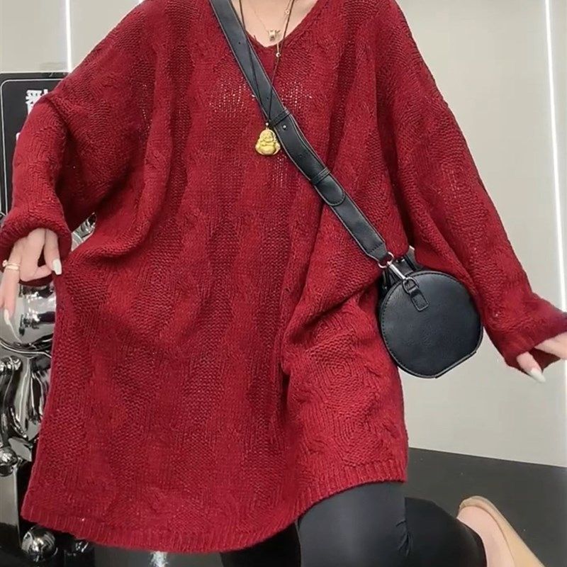 中长款v领针织衫上衣女长袖春秋大码300斤慵懒风宽松显瘦遮肉毛衣