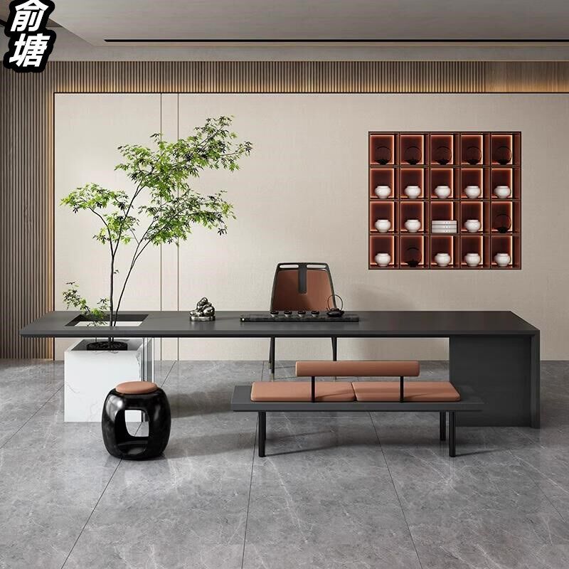 新中式木鼓凳办公室实木茶桌书桌茶桌一体两用现代轻奢岩板泡茶台