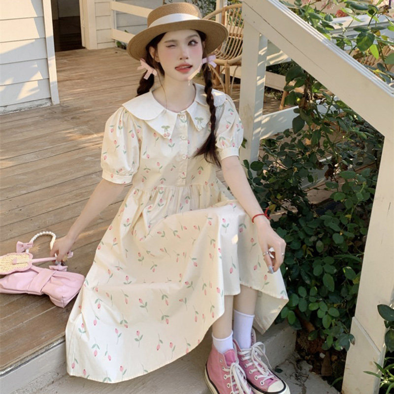 甜美撞色连衣裙少女2025夏季新款初中高中学生花苞领泡泡袖中长裙