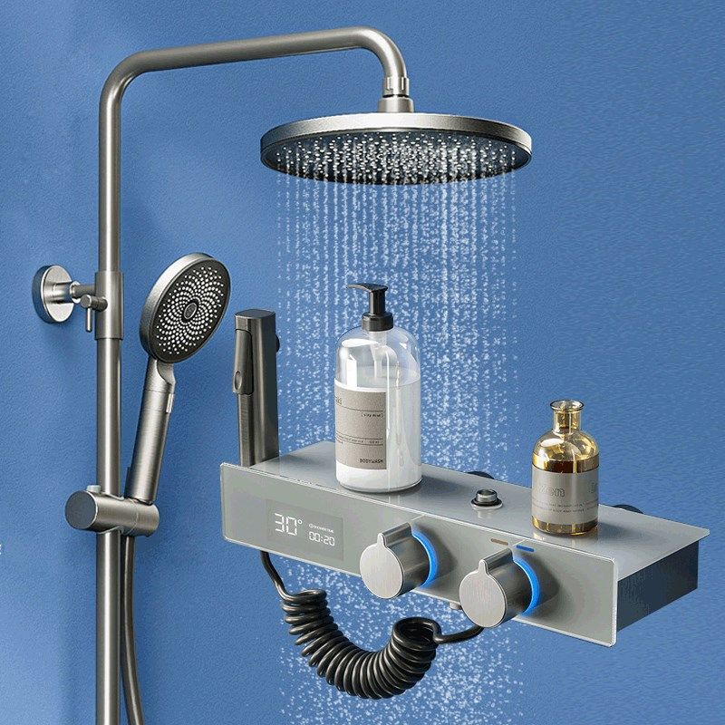 花洒沐浴增压喷头恒温家用浴室卫浴全铜方形大淋浴套装龙头枪灰色,家装主材,恒温花洒套装,淘宝优惠券,粉丝福利购,淘宝优惠卷
