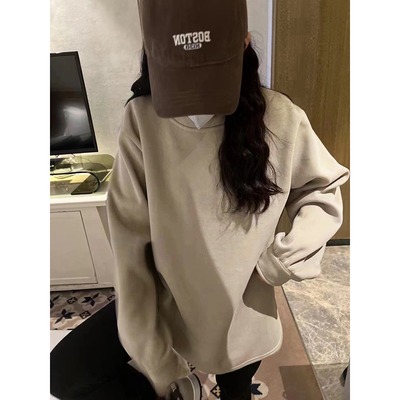 加绒加厚打底衫女秋冬高级感不规则t恤大码内搭中长款遮屁股上衣