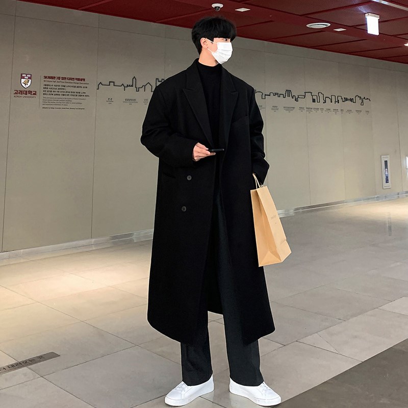 秋冬季新款毛呢大衣男中长款过膝无羊绒呢子风衣外套韩版宽松落肩