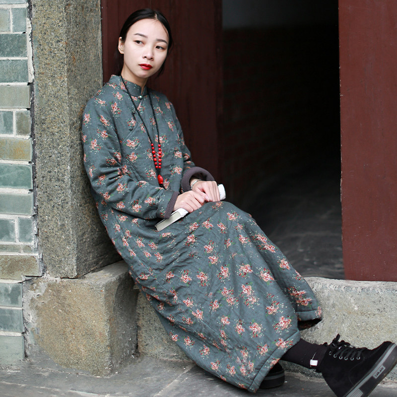 新中式加绒秋冬保暖袍子复古碎花纯棉打底连衣裙小个子显瘦长裙