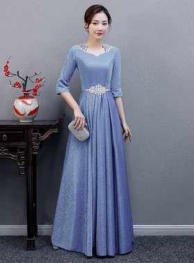 合唱团演出服女长裙2021新款礼服蓝色迎宾主持司仪大合唱演出服装