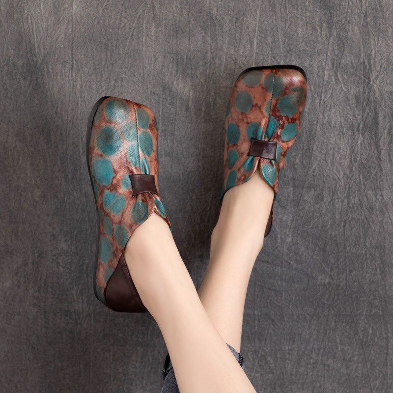 2025春季新款民族风复古真皮手工拼色单鞋套脚平底软底女鞋彩色鞋,女鞋,浅口单鞋,淘宝优惠券,粉丝福利购,淘宝优惠卷