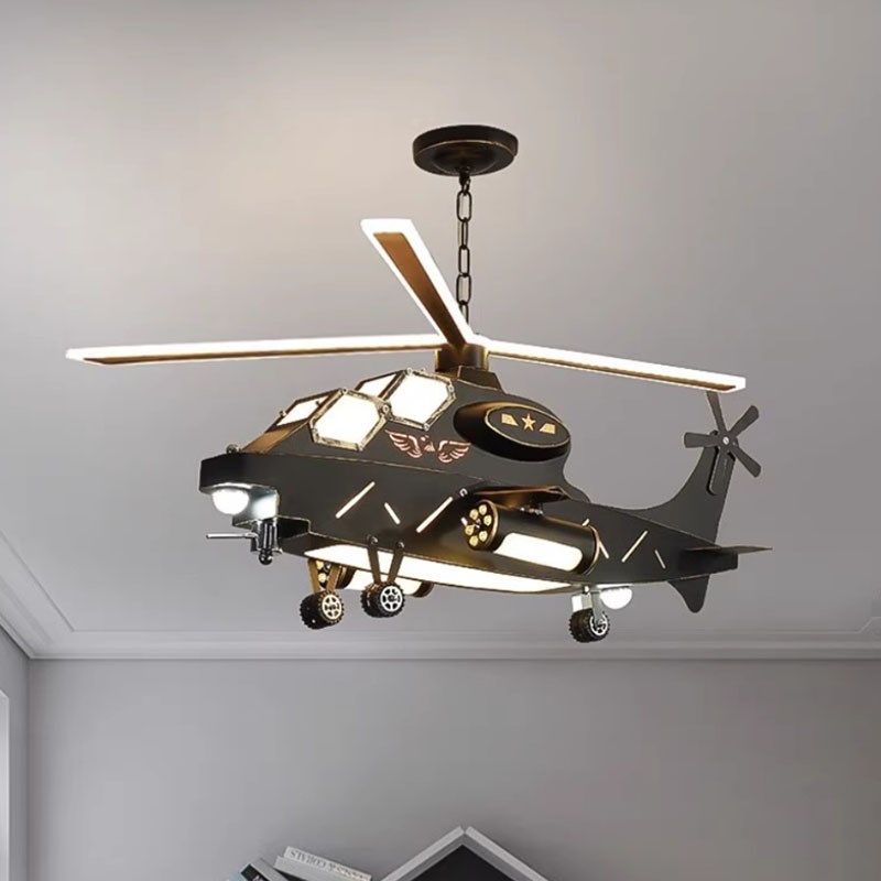 LED儿童房飞机吊灯 创意个性复古工业风直升机模型男孩房间卧室灯