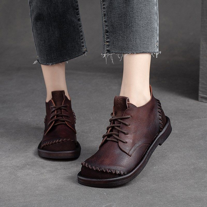 手工复古女鞋圆头平底单鞋2023年秋新款真皮拼色休闲中老年妈妈鞋,女鞋,深口单鞋,淘宝优惠券,粉丝福利购,淘宝优惠卷