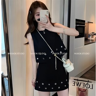 新款 套装 韩版 A字淑女短裙西装 女 重工花朵亮片背心上衣 夏季