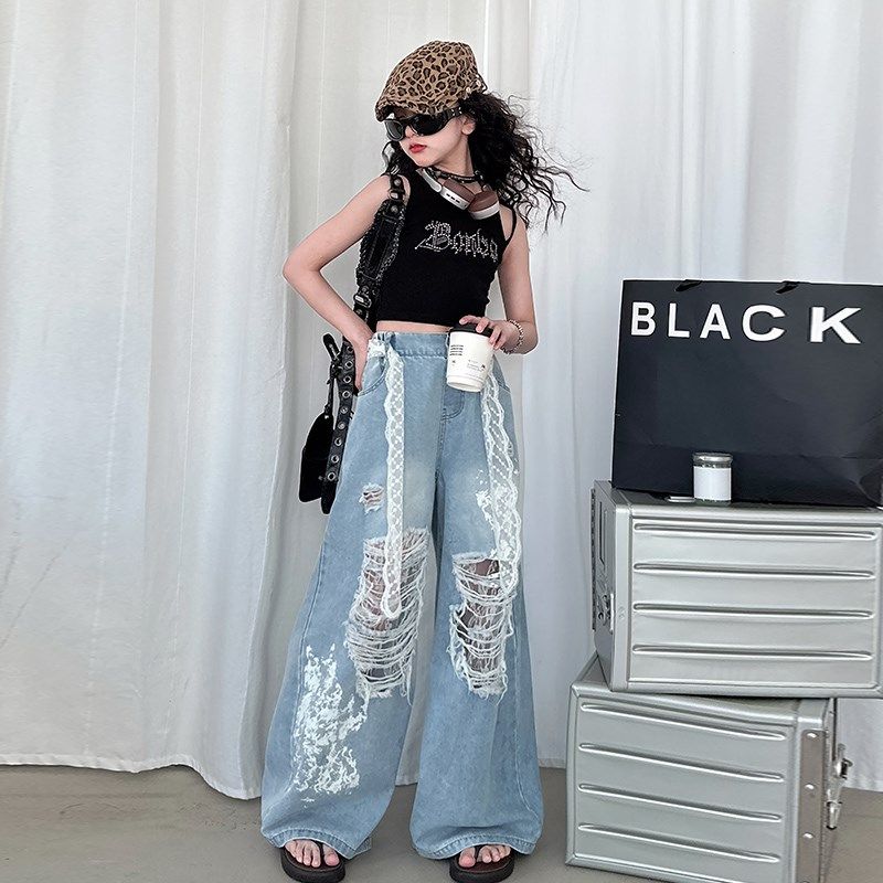 2025女童装夏季新款韩版时尚休闲百搭破洞蕾丝拼接牛仔裤阔腿裤潮,童装/婴儿装/亲子装,套装,淘宝优惠券,粉丝福利购,淘宝优惠卷