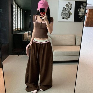 复古撞色拼接方领短袖 长裤 T恤女装 宽松阔腿裤 两件套 夏季 休闲套装