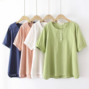 文艺休闲范提花刺绣宽松遮肚半袖 大码 上衣 t恤女胖mm夏装 正肩短袖