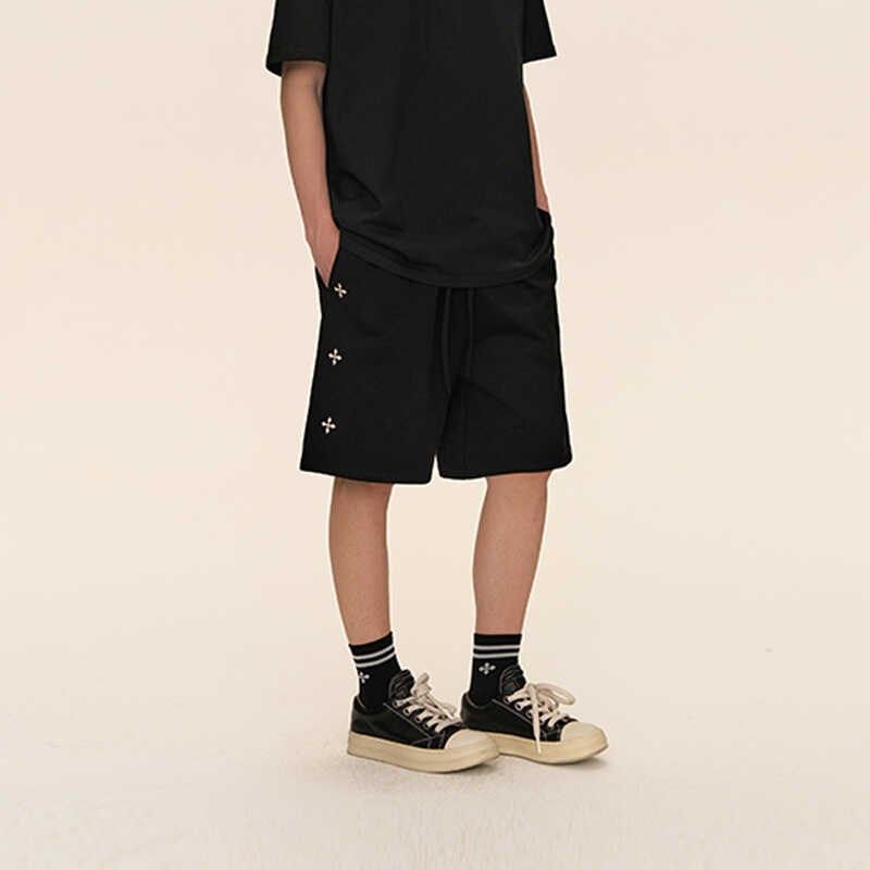 十字架刺绣重磅纯棉短裤男夏季潮牌直筒宽松休闲五分裤子情侣中裤