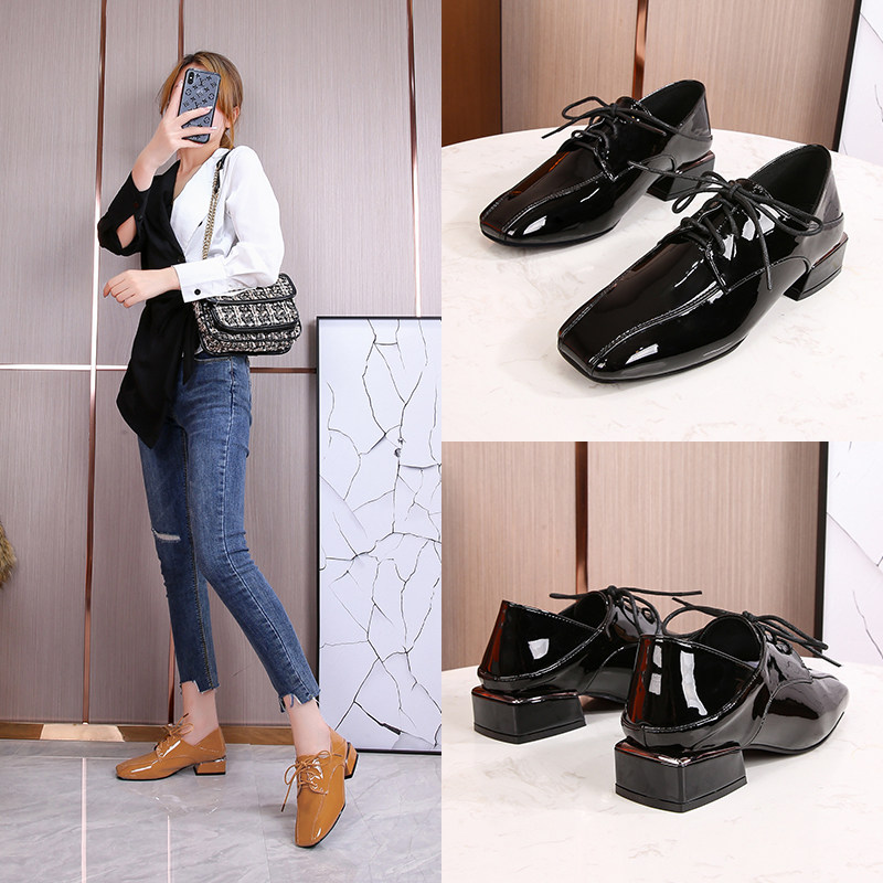 2023年春季新款深口粗跟方头小皮鞋女漆皮中跟英伦风软皮系带单鞋,女鞋,深口单鞋,淘宝优惠券,粉丝福利购,淘宝优惠卷