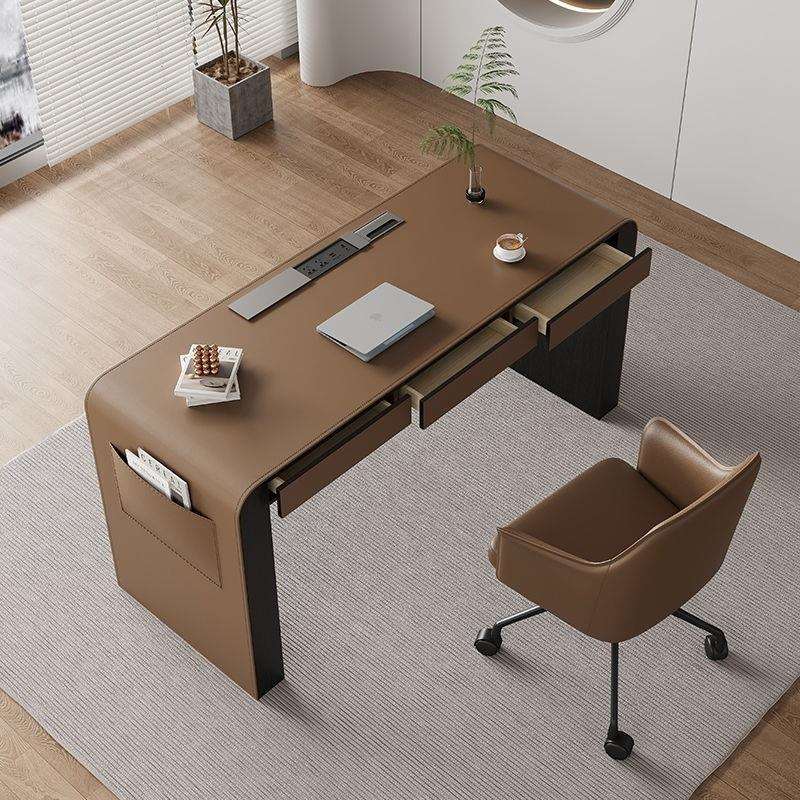 意式极简书桌家用书房办公桌卧室工作台设计师简约现代马鞍皮书桌