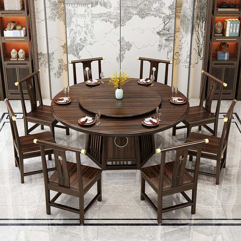 新中式乌金木实木餐桌带转盘1.6m米8人圆形饭桌椅组合高档大圆桌