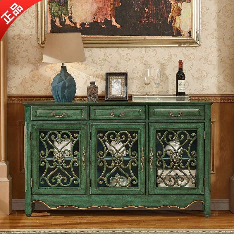 美式乡村家具 整装玄关柜隔断镂空碗柜厨房储物柜 做旧实木餐边柜