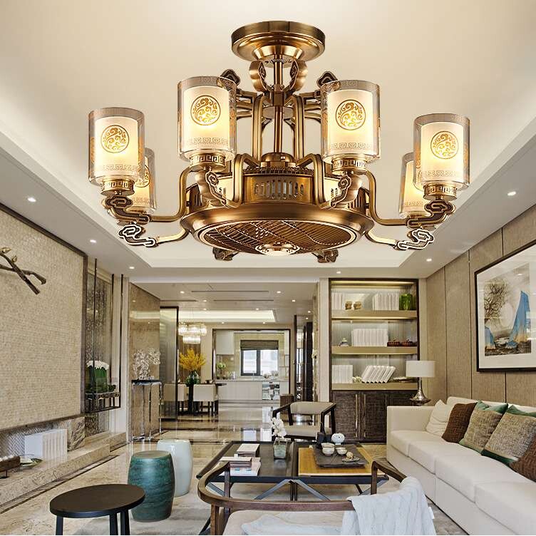 新中式隐形风扇吊灯客厅全铜灯家用餐厅风扇灯带负离子吊扇灯复古