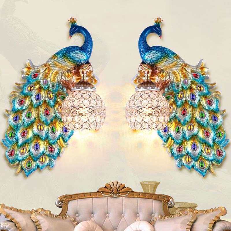 孔雀壁灯简约美式客厅卧室玄关东南亚创意装饰品灯具楼梯过道书房