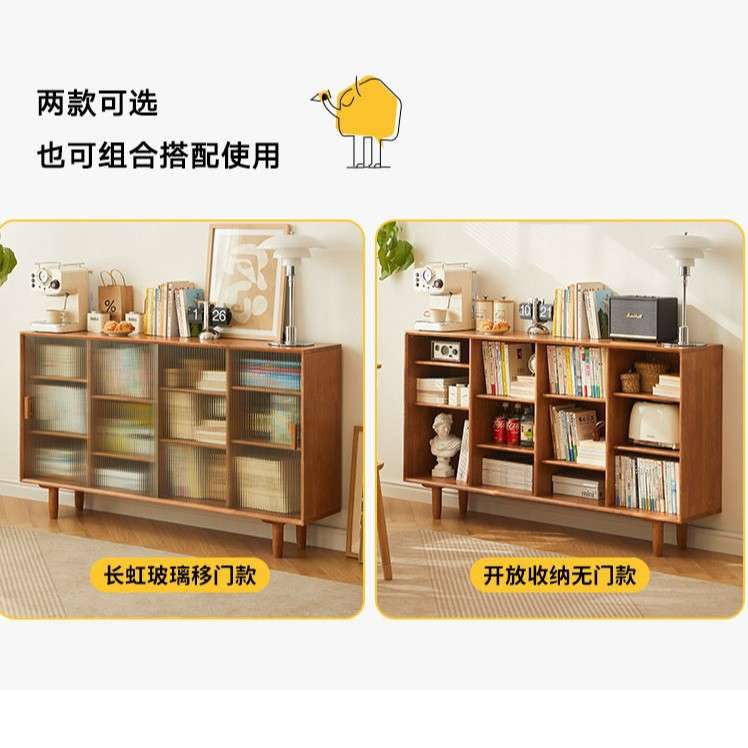 书柜实木带柜门展示柜玻璃门储物柜靠墙一体落地置物柜矮柜幼儿园图片