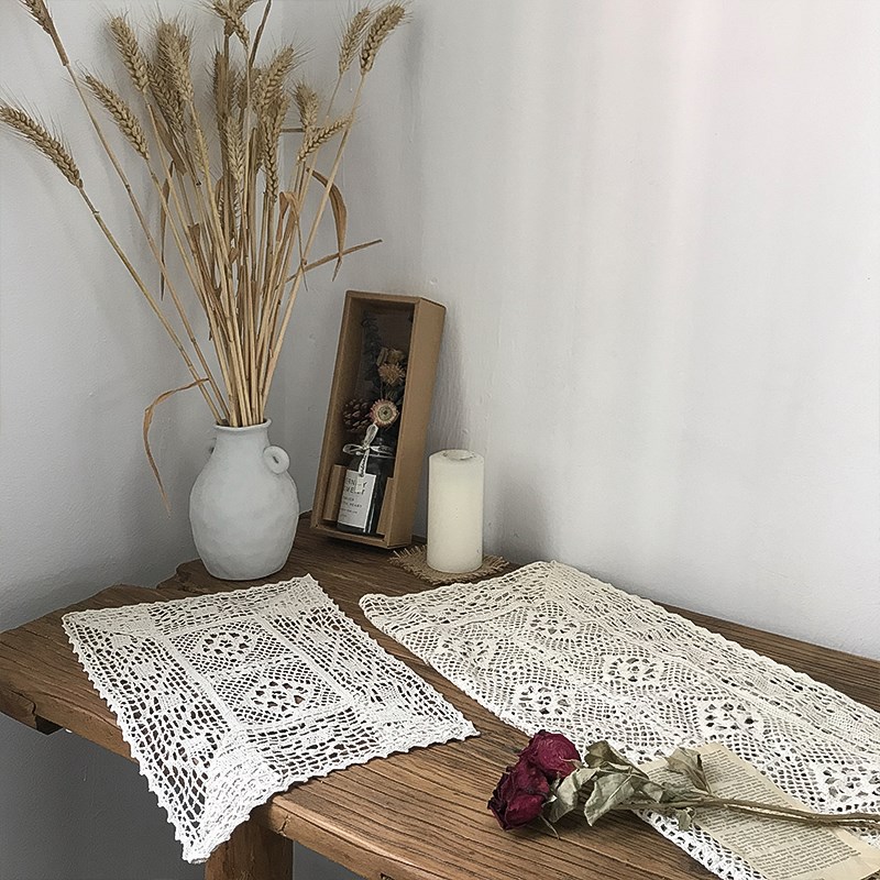 简约田园复古手工钩针蕾丝镂空盖巾桌布钩花台布拍摄道具背景布