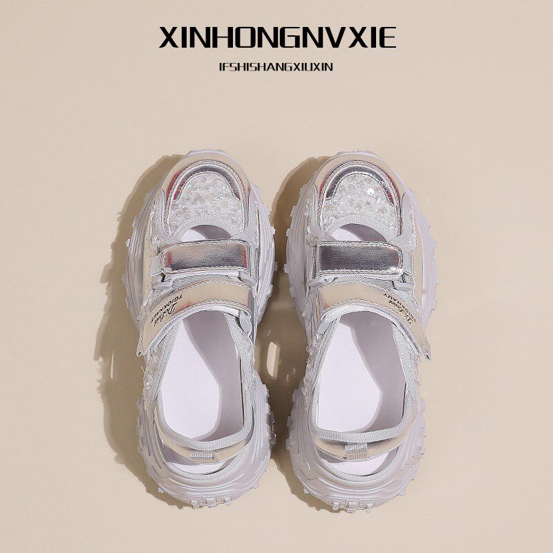 菠萝榴莲底魔术贴镂空透气老爹鞋女款2024年新款休闲运动凉鞋子女