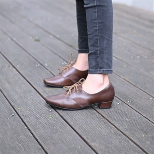 509 慢先森推荐 方头粗低跟真皮牛皮拼羊猄绑带春秋复古女单鞋
