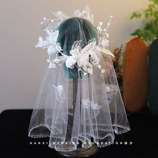 法式仙美花环婚纱新娘发饰头纱森系白色仙气发箍头花草坪婚礼头饰