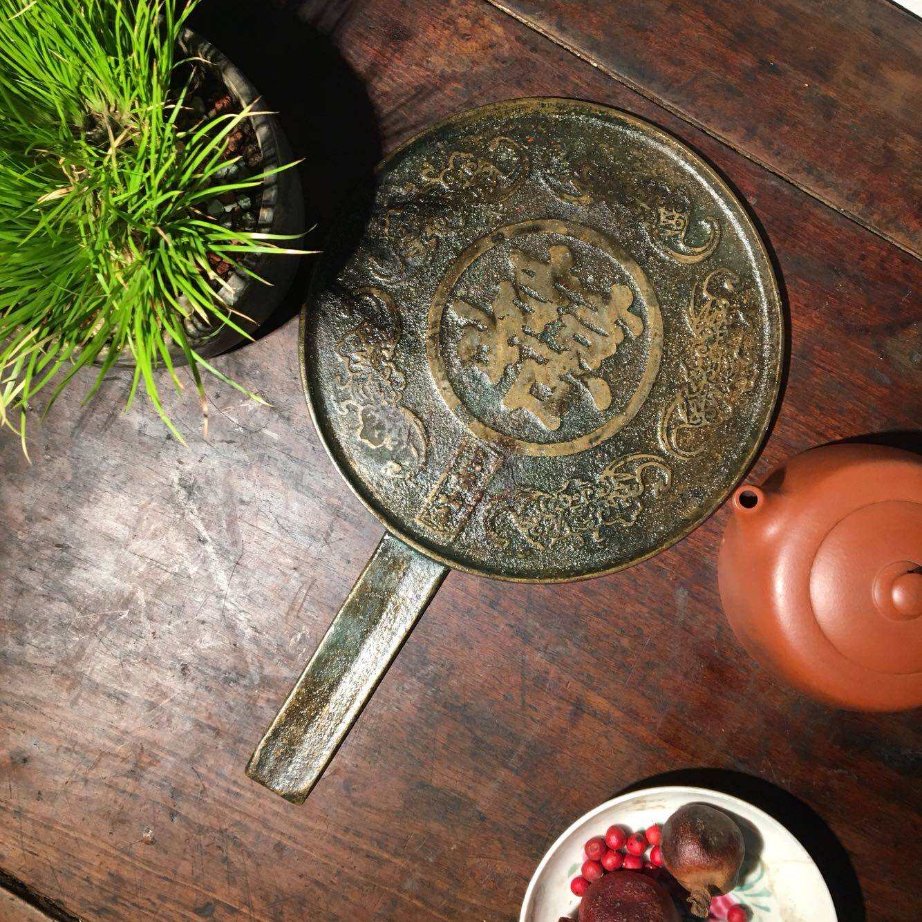 清代江南五福贺喜铜镜老物件古董新中式摆件9802