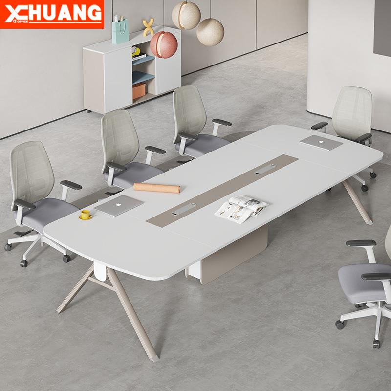 简约现代白色会议室会议桌长桌6-10人椭圆型办公室洽谈桌桌椅组合