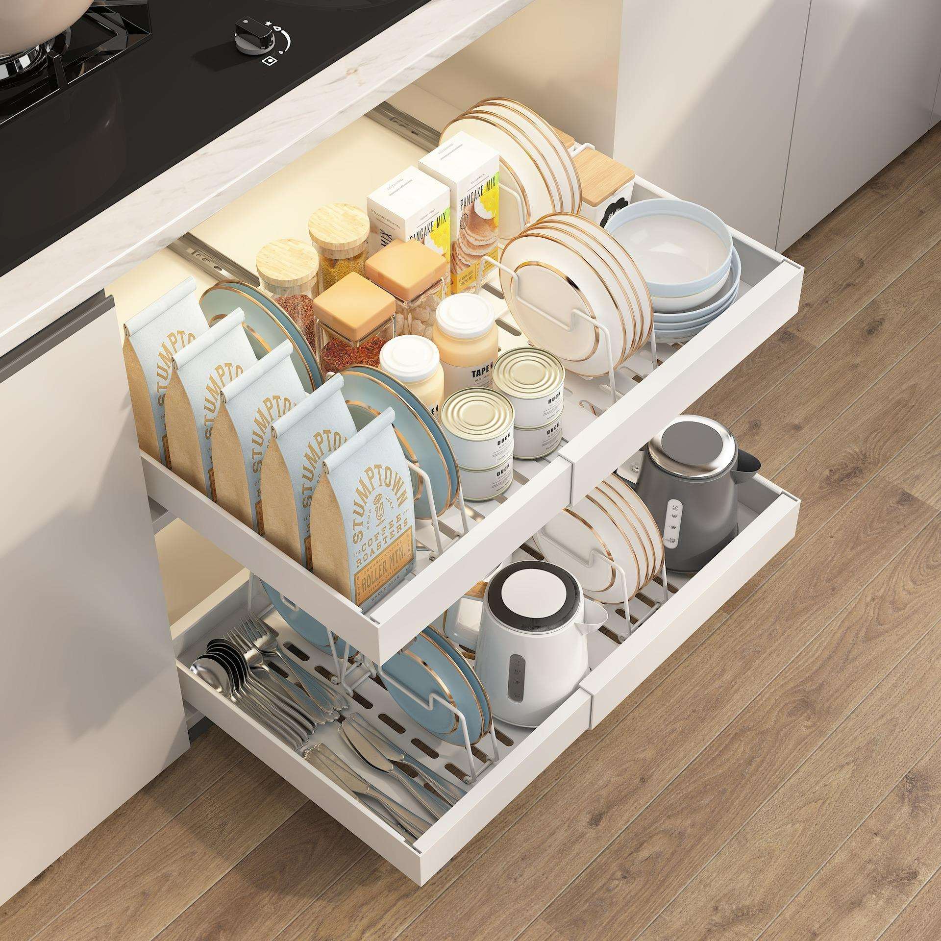 厨房碗筷调料收纳盘可伸缩橱柜拉篮抽拉式置物架下水槽抽屉锅盖架