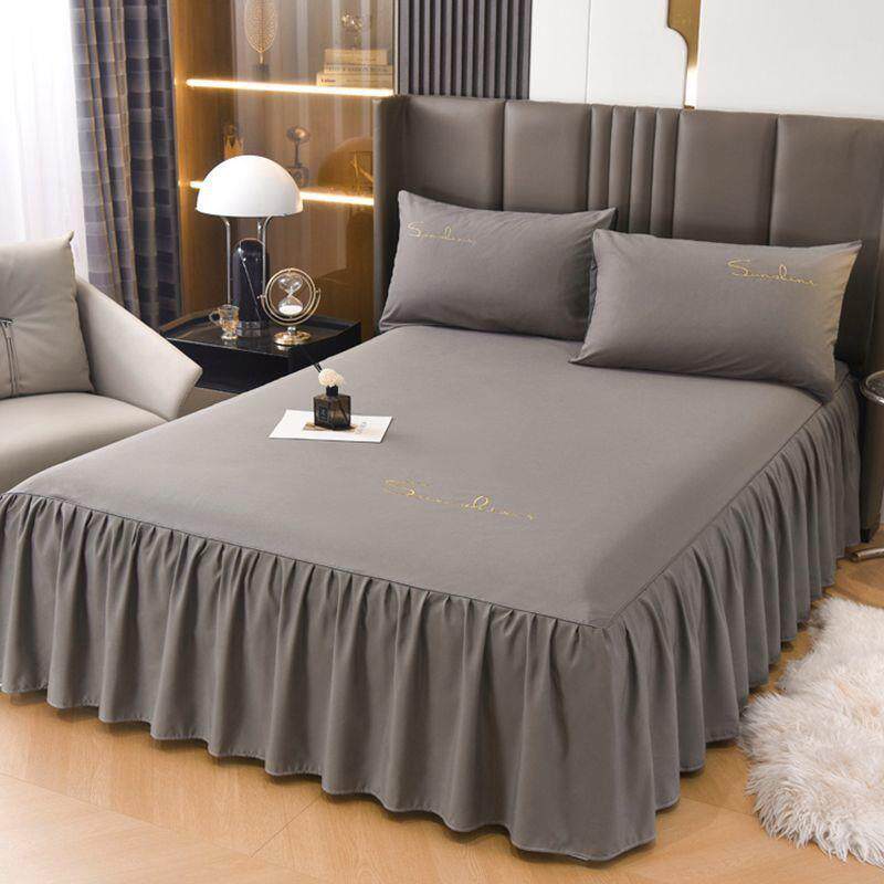 高挡水洗棉绣花床裙单件加厚磨毛防滑床罩花边床单1m1.35m/2m纯色