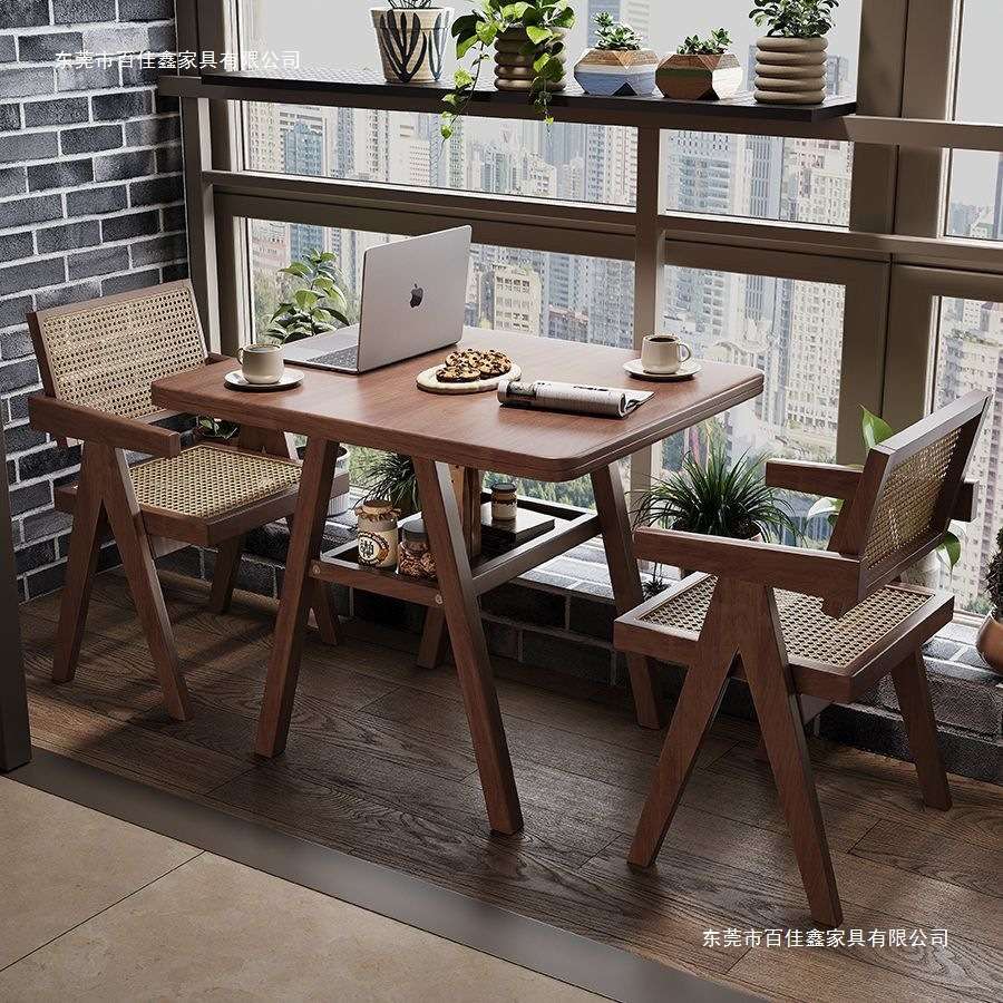 实木桌椅三件套组合中古风小户型家用茶几双层方餐桌阳台休闲茶桌