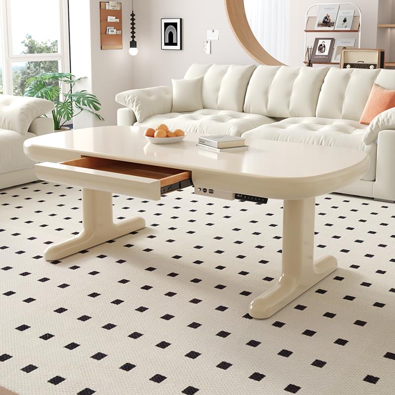 可移动升降茶几餐桌两用二合一电动奶油风小户型客厅岩板多功能无