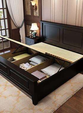 美式复古橡胶木实木床主卧室现代简约双人床黑色满铺榫卯储物婚床