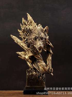 美式仿古铜狼头创意家居家装饰工艺品办公桌书房雕塑摆件树脂工艺