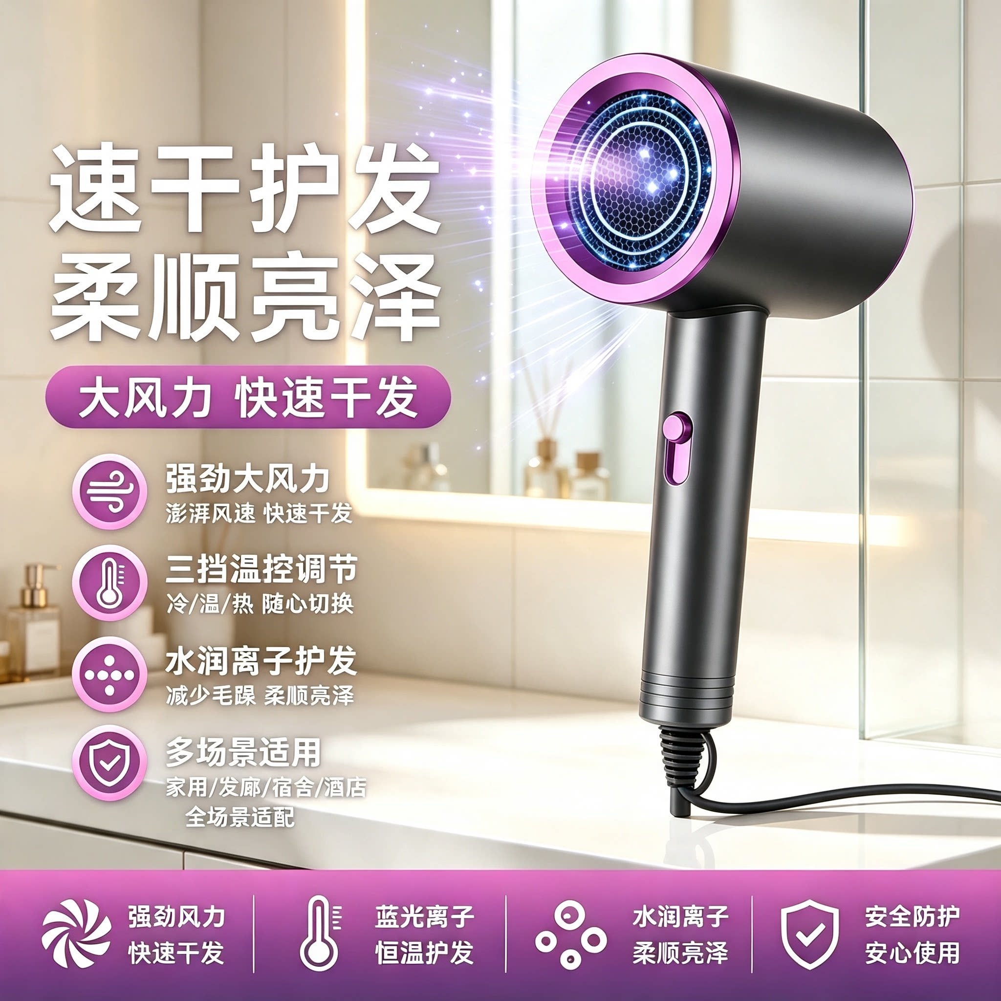 蓝光负离子吹风机家用大学生宿舍用发廊沙龙级速干护发强力电吹风
