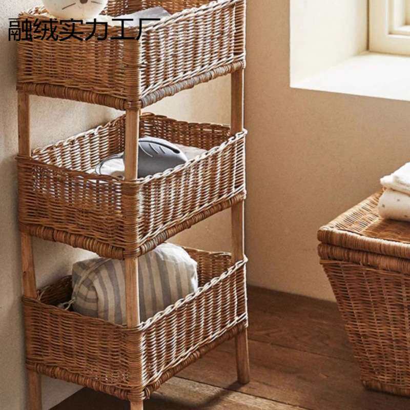 置物架落地多层田园风可水洗收纳架天然整理藤编三层实木收纳筐