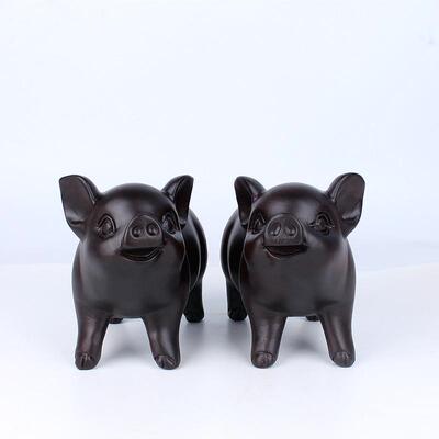 黑檀木雕发财猪客厅装饰摆件 实木雕刻猪年工艺品招财对猪