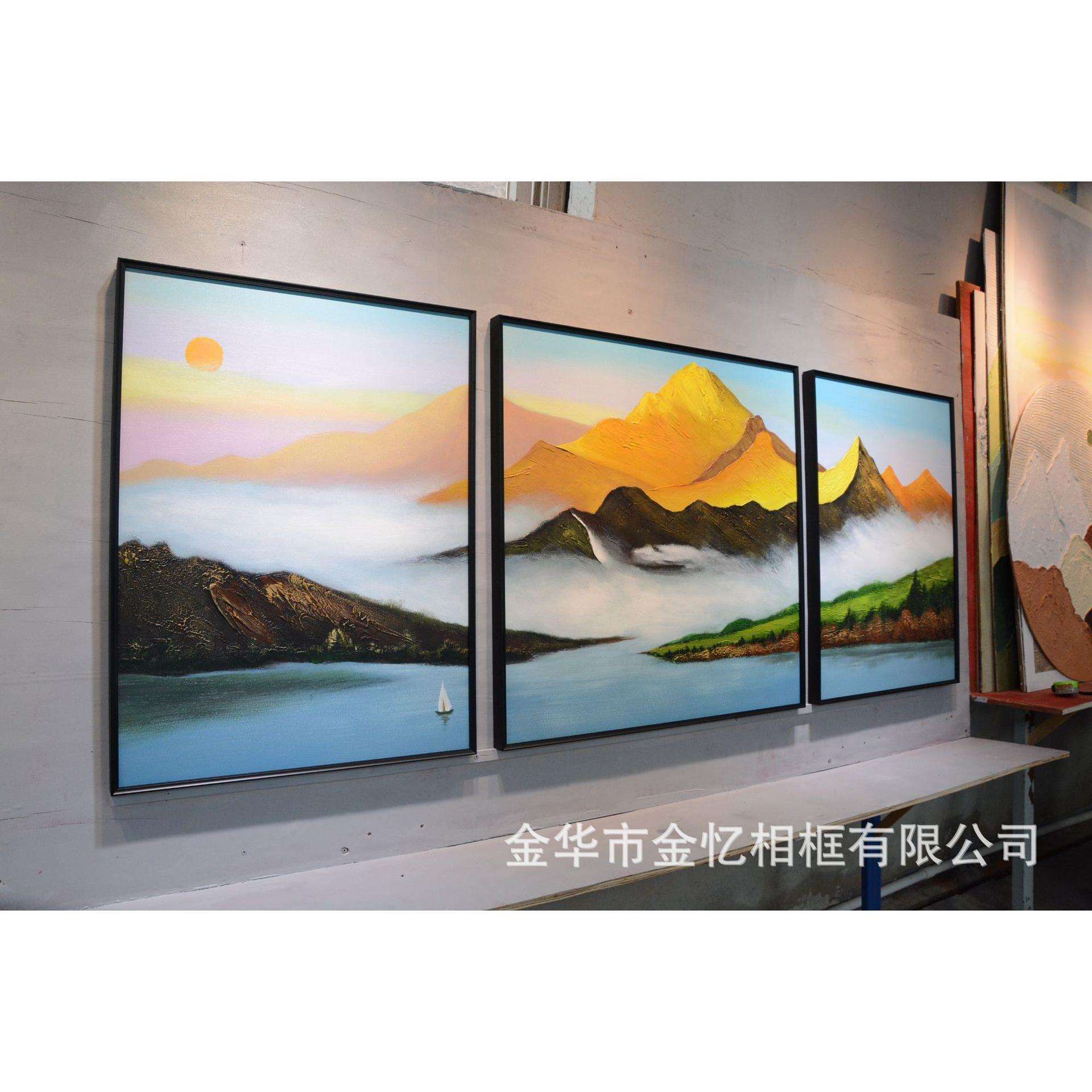 纯手绘日照金山聚宝盆花海丰收风水油画客厅三联风景装饰画新中式