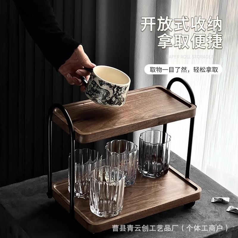 现货木质双层置物架复古桌面咖啡杯茶厨房收纳架玻璃杯架茶具架