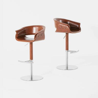 中古风不锈钢旋转升降吧台椅马鞍皮家用靠背高脚椅家用酒吧岛台椅