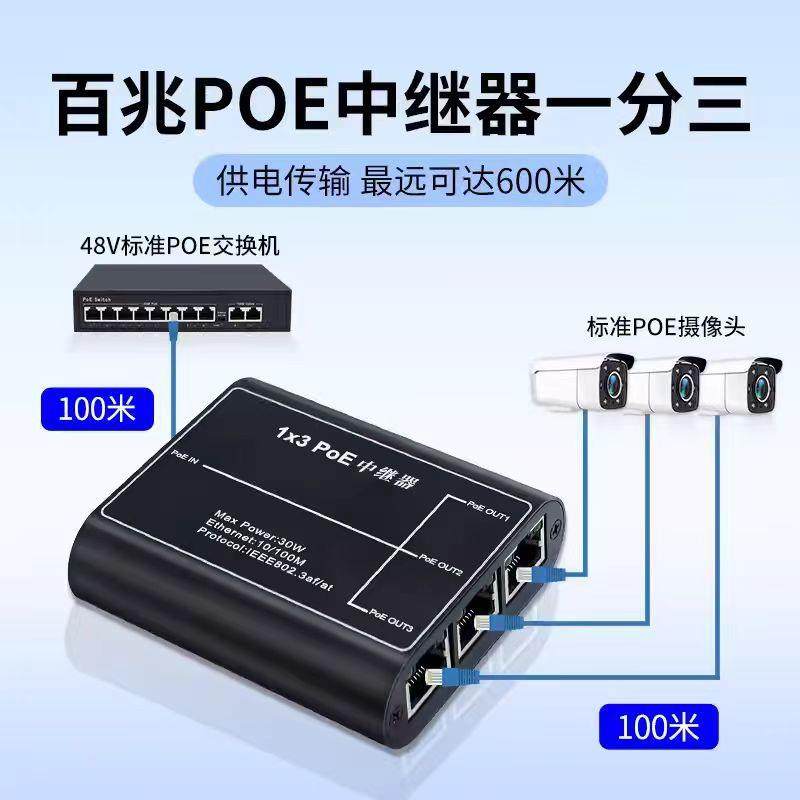 国标POE中继器千兆POE网络信号延长器一进三出级联宝PoeExtender