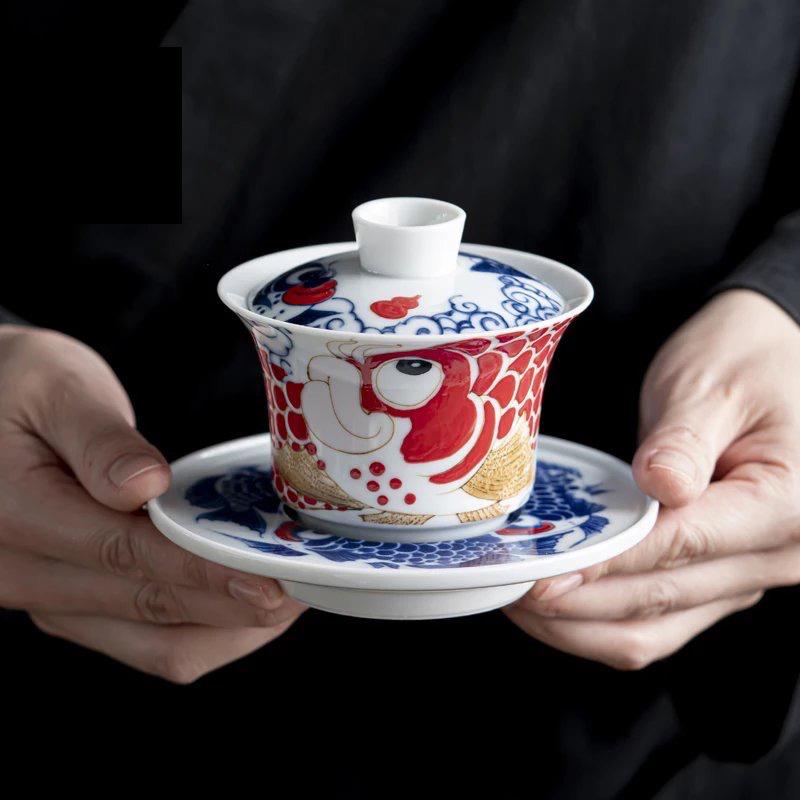 景德镇国潮风中式祥龙纳福龙鱼可悬停三才盖碗品茗杯客杯创意茶具