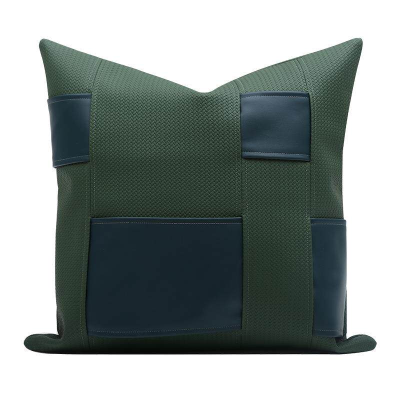 北欧轻奢现代极简墨绿色手工编织皮沙发抱枕样板间软装布艺靠垫
