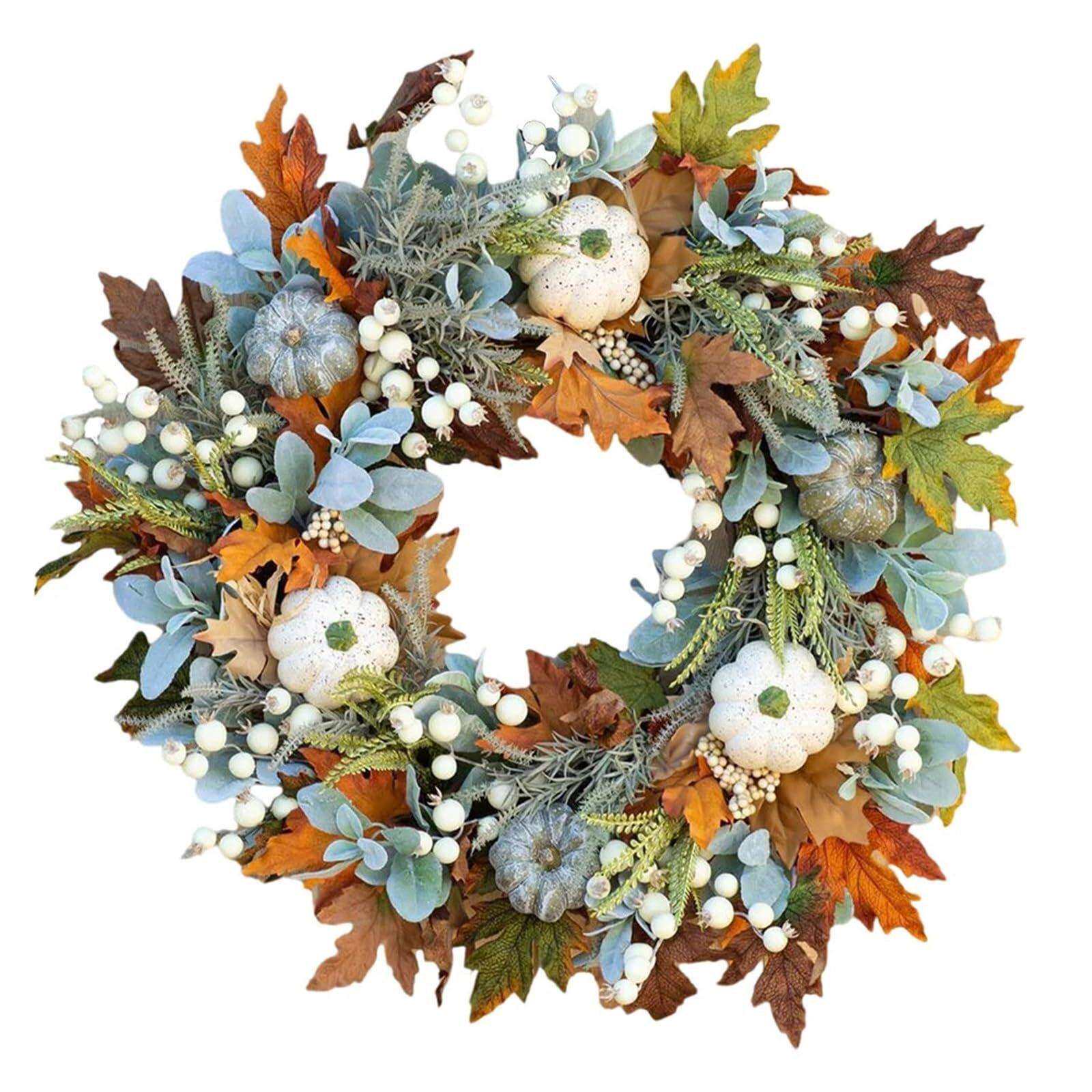 跨境万圣节感恩秋季花环带浆果白色南瓜枫叶门挂居家装饰布置道具