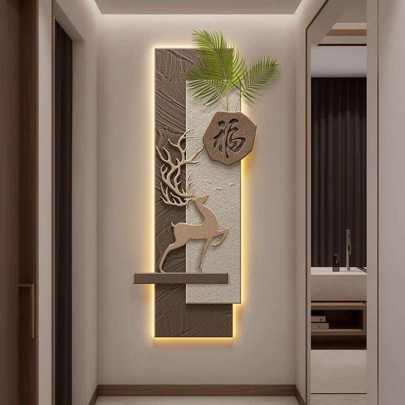 入户玄关装饰画立体福鹿轻奢墙壁高级现代简约走廊过道挂画图片
