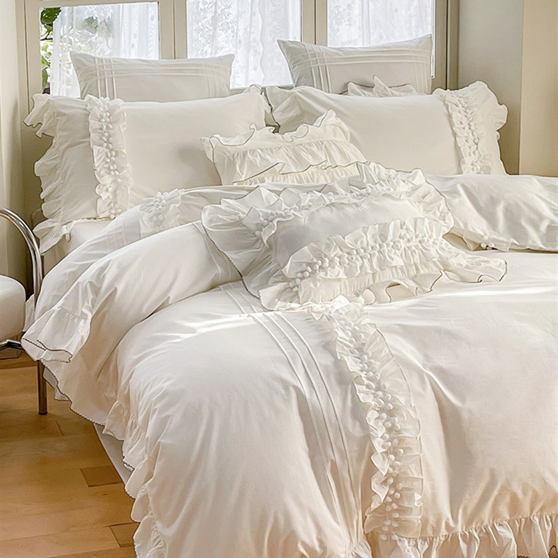 韩式纯白色系加g厚60支水洗棉四件套球球花边全棉被套1.8床上用品